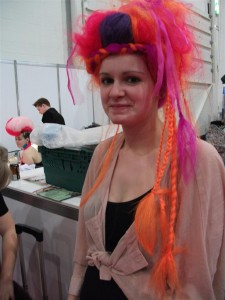 model with pink crazy hair