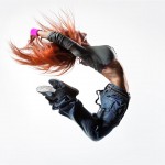 red haired model jumping 