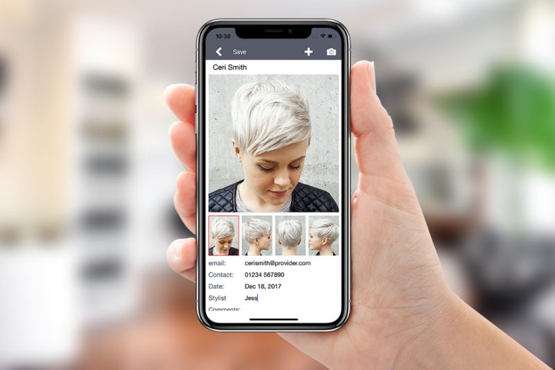 Stylogic hair style customer profile page on iPhone X.