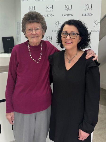 KH Hair Ilkeston celebrates 60-year milestone 3 Mrs Pat Greasley with senior stylist Alex 1